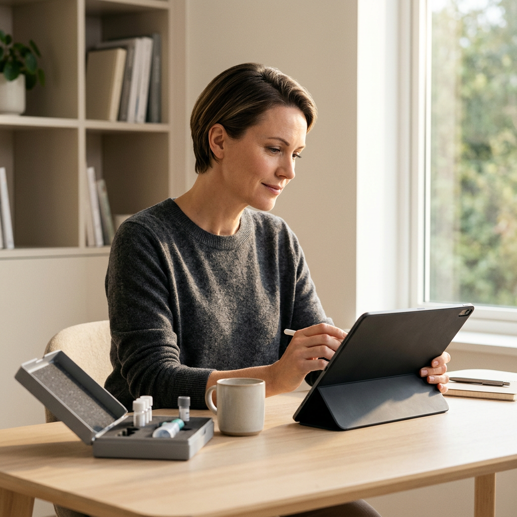 Woman reviewing health data on tablet at home desk