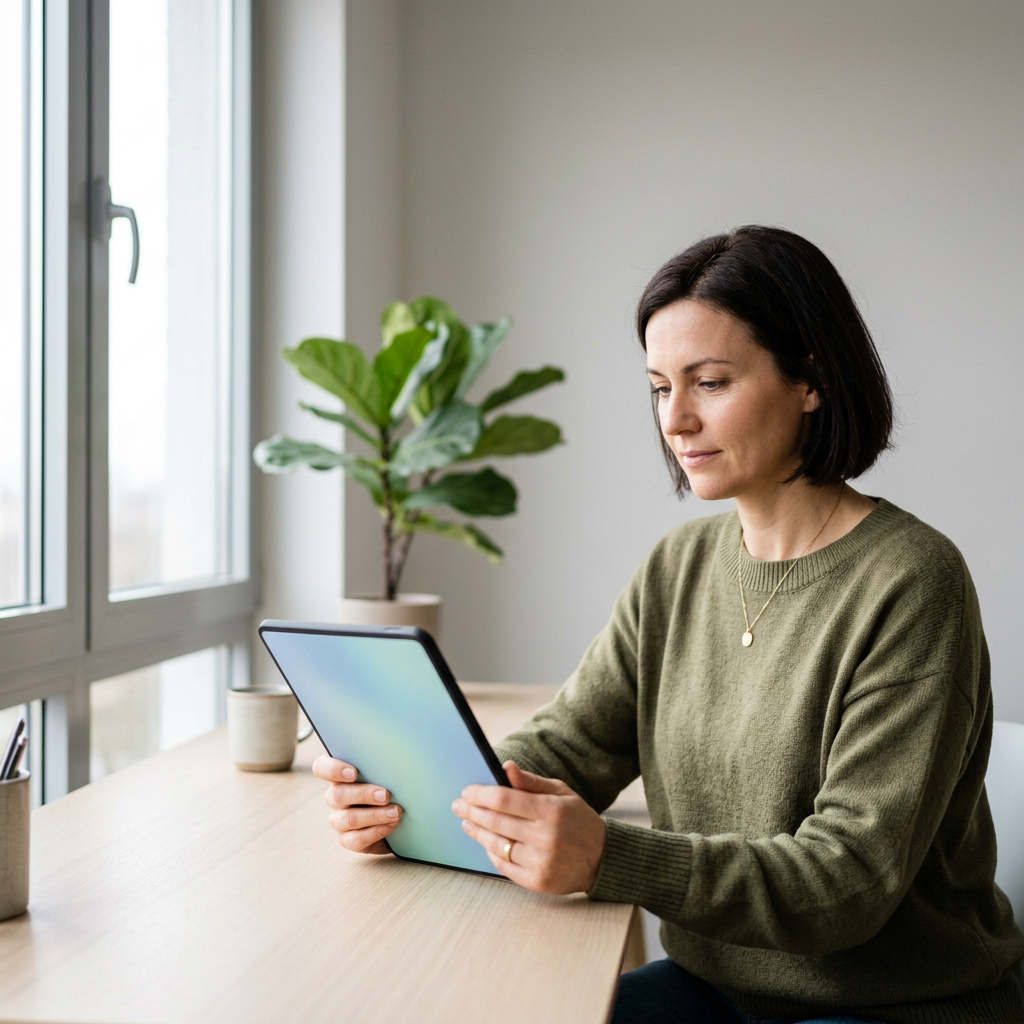 Woman reviewing health data on tablet in natural light