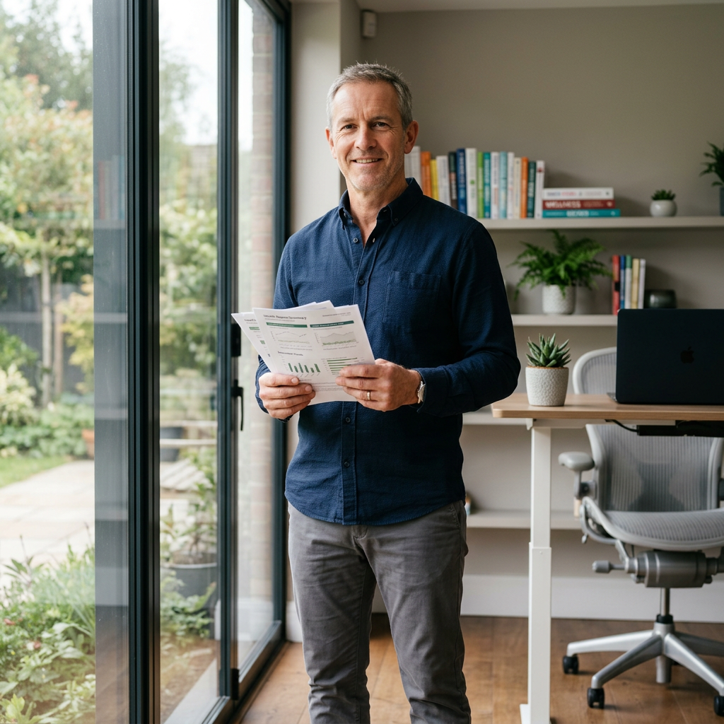 Man holding biomarker reports in naturally lit home office