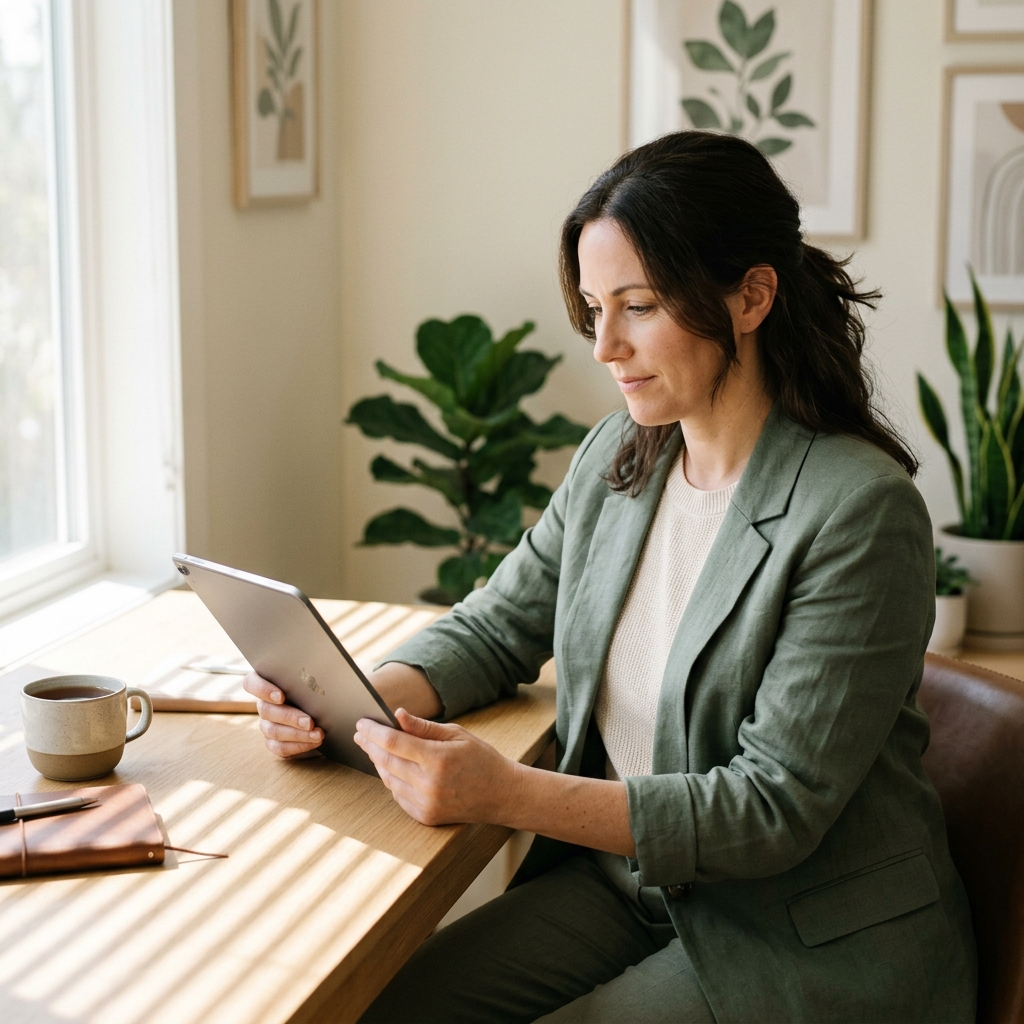 Woman reviewing personalized health dashboard in bright office
