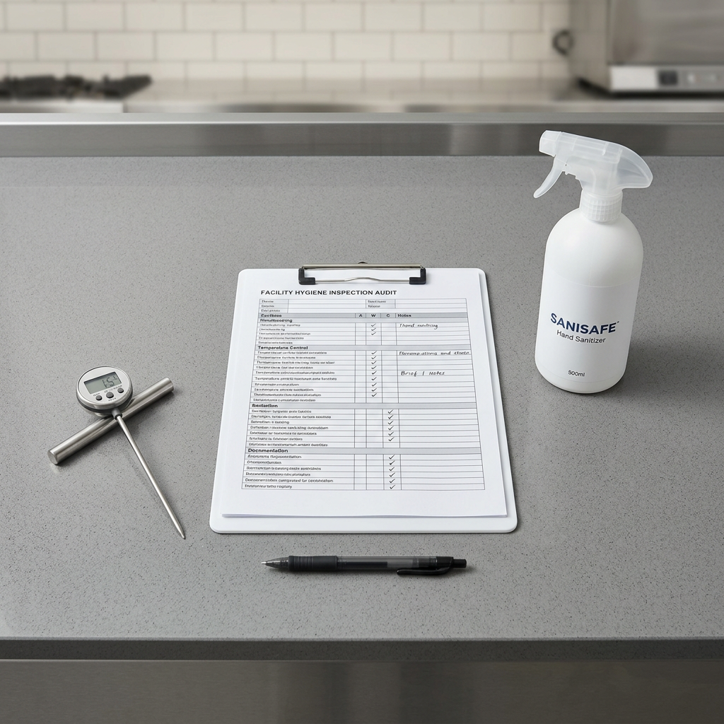 Kitchen hygiene inspection tools arranged professionally