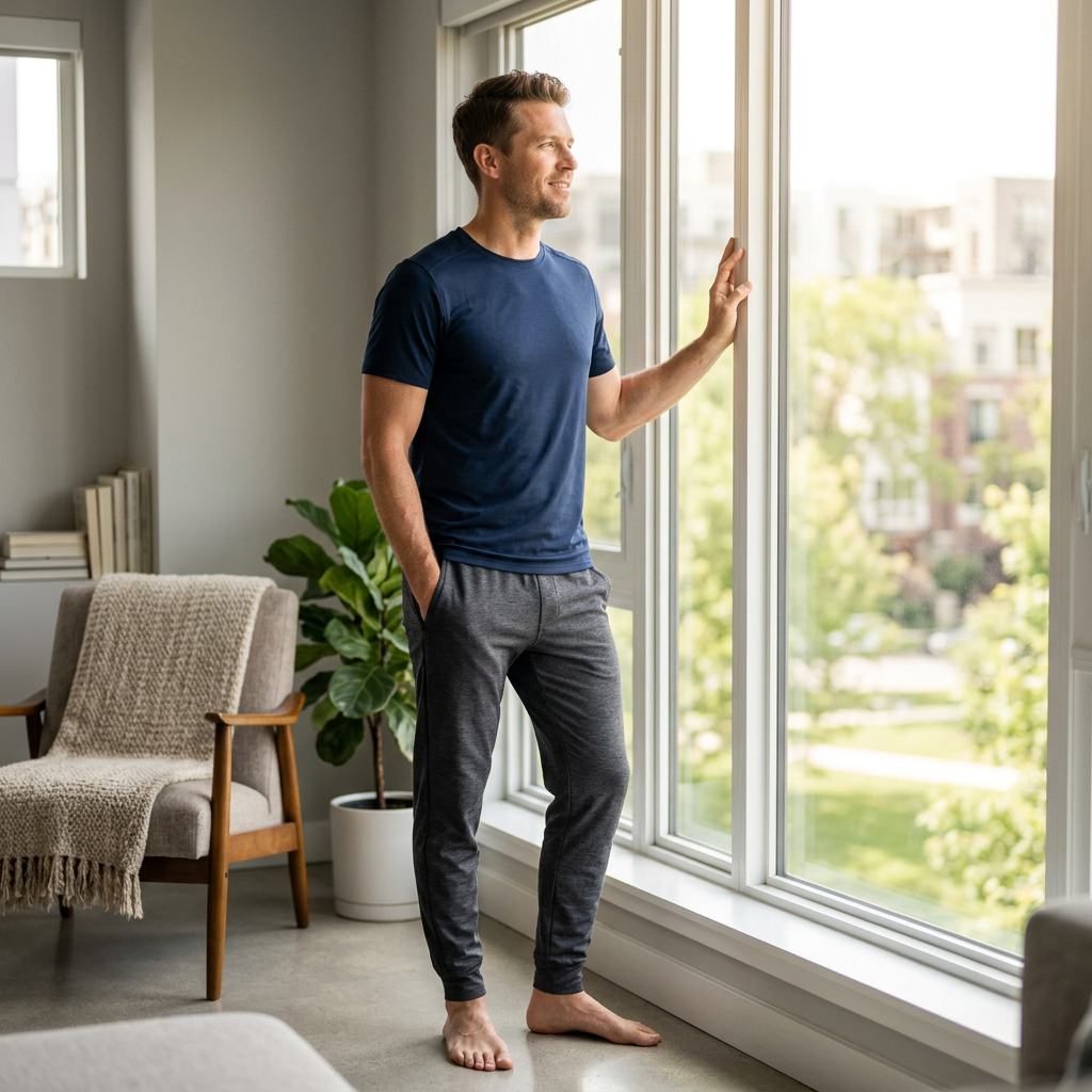 Man in wellness moment by sunlit window