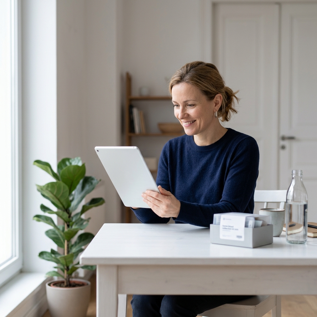 Woman reviewing health data on tablet at home