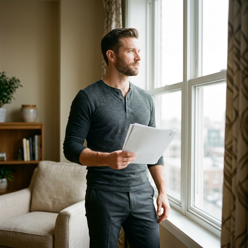 Man reviewing printed health report in natural light