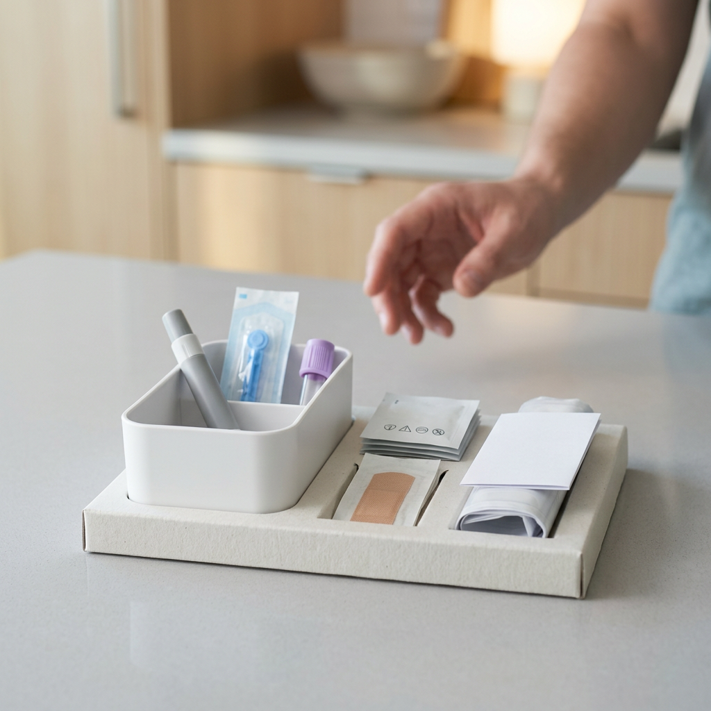 Minimalist home blood collection kit on modern surface