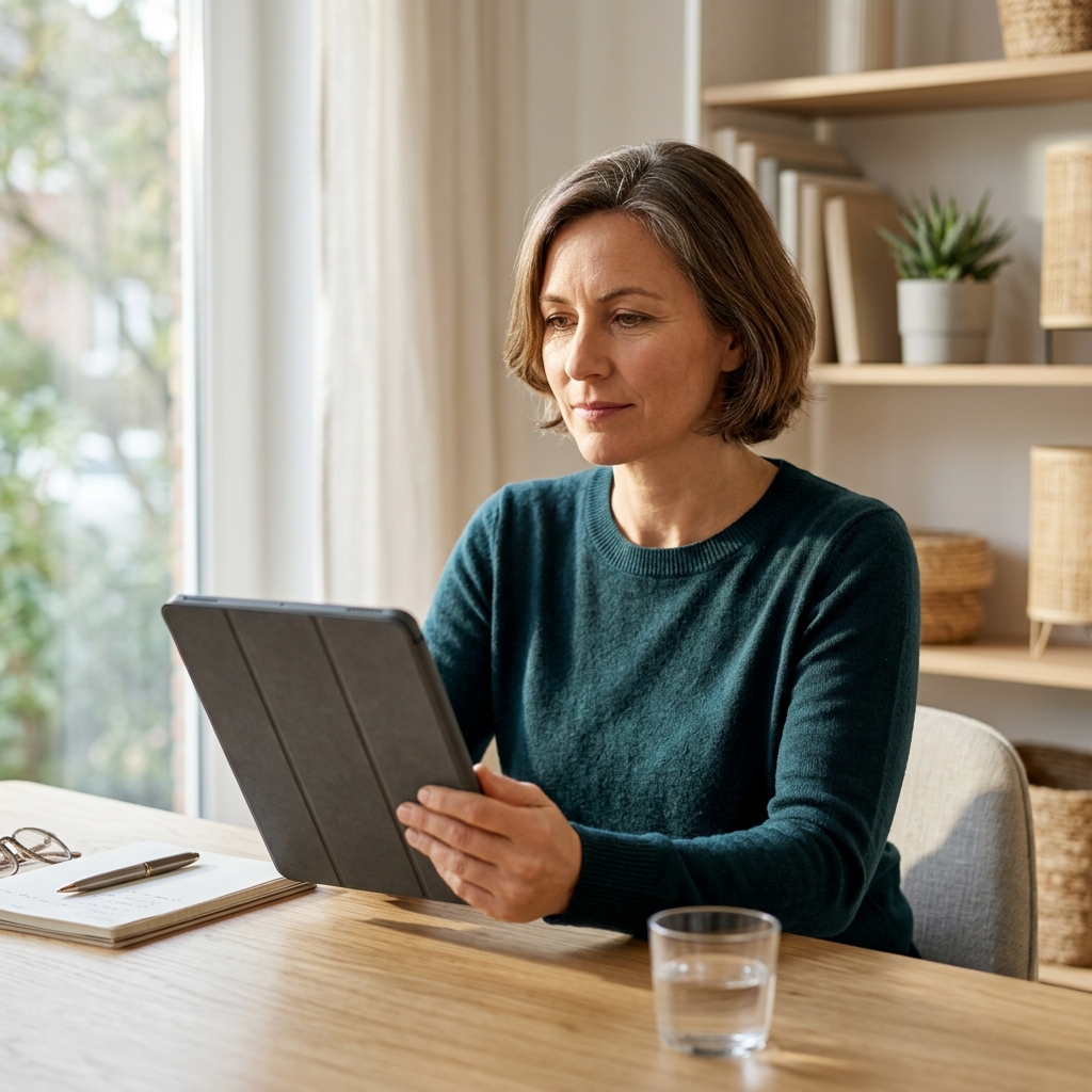 Professional woman reviewing health data on tablet