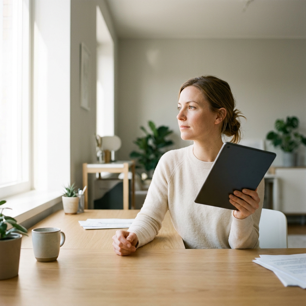 Woman reviewing health data on tablet in natural light