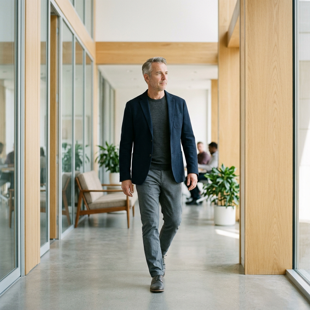 Health-conscious professional walking with calm confidence indoors