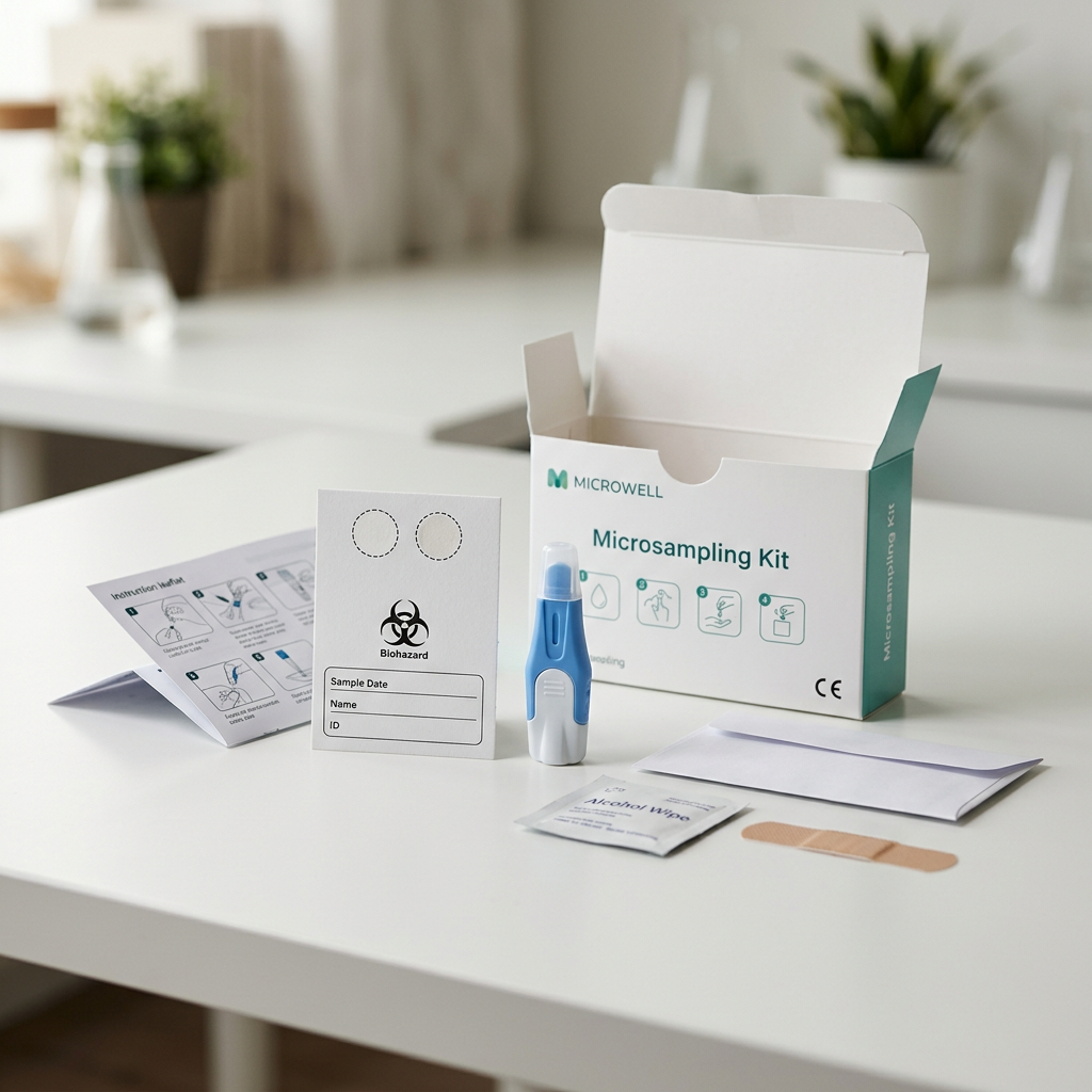 Professional home blood collection kit displayed on white surface