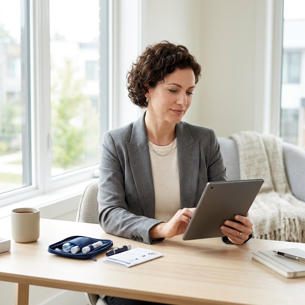 Woman reviewing personalized health data on tablet at home
