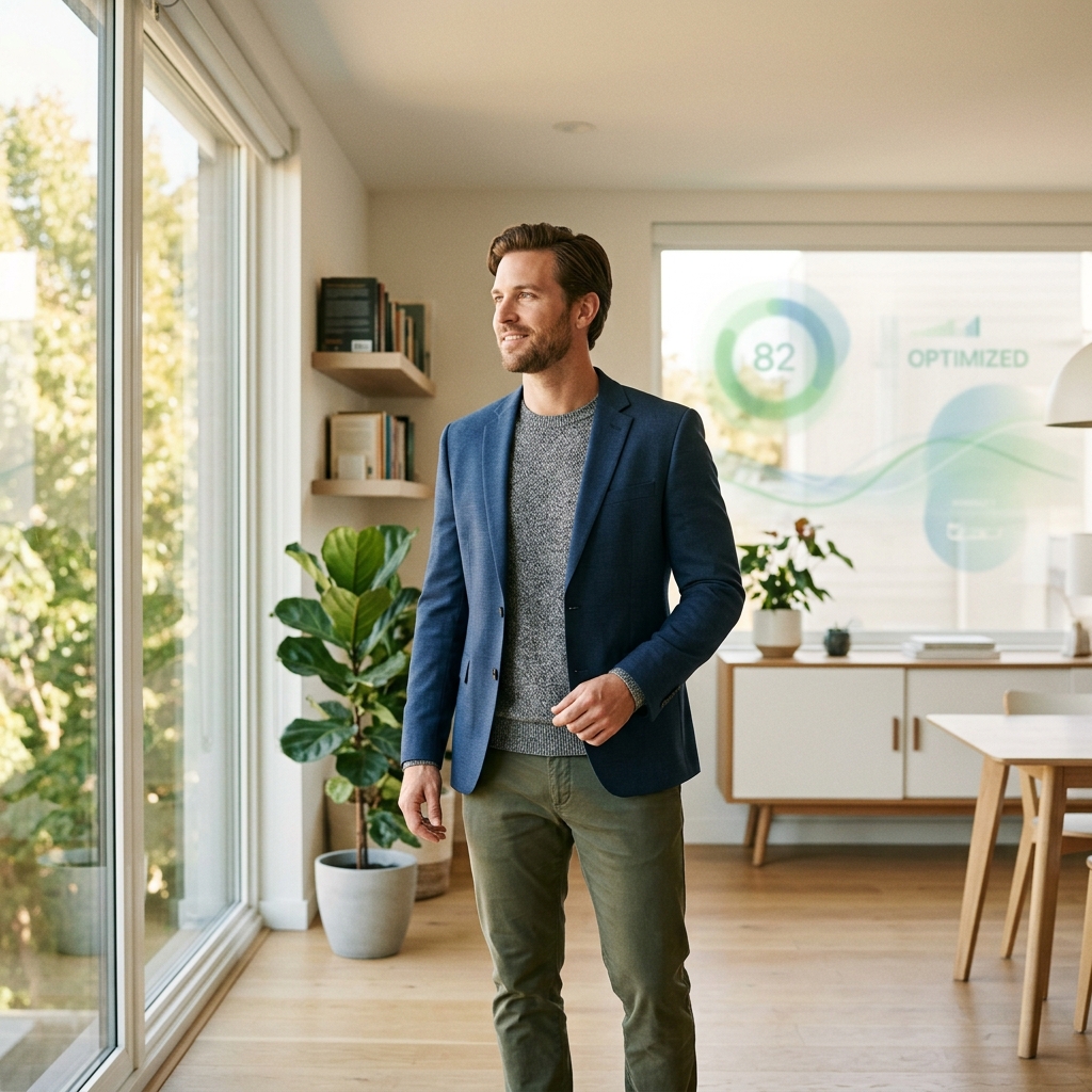 Health-conscious professional in bright modern environment exuding confidence