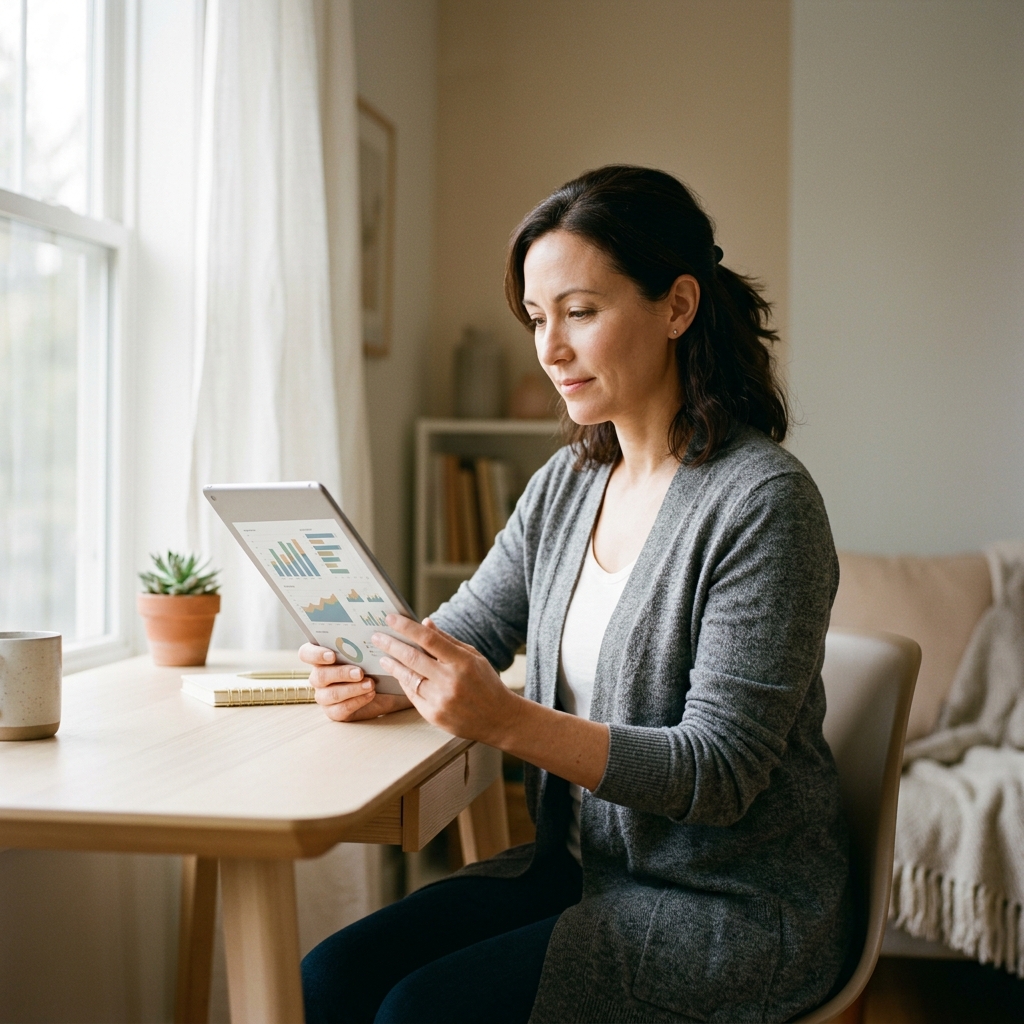 Professional woman reviewing health data on tablet at home