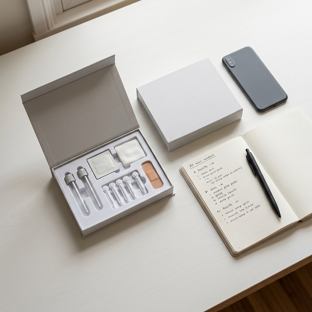 Professional biomarker collection kit displayed on minimalist home workspace