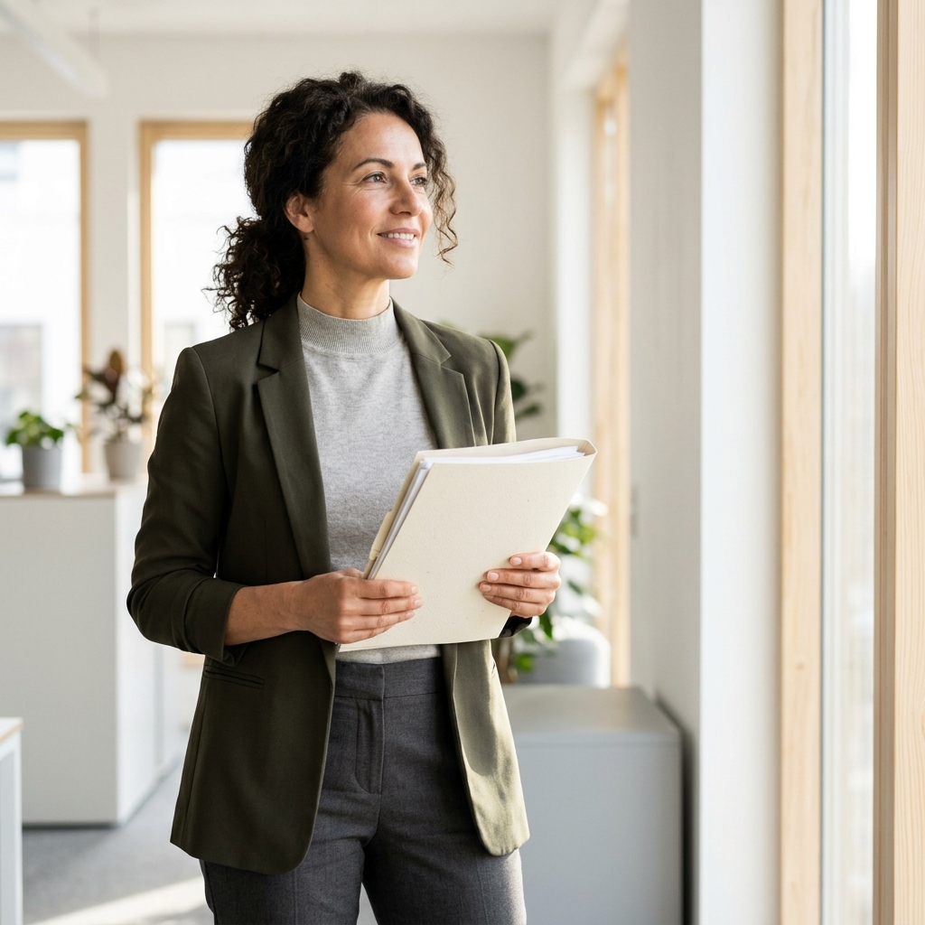Professional with wellness documentation standing confidently in natural office light