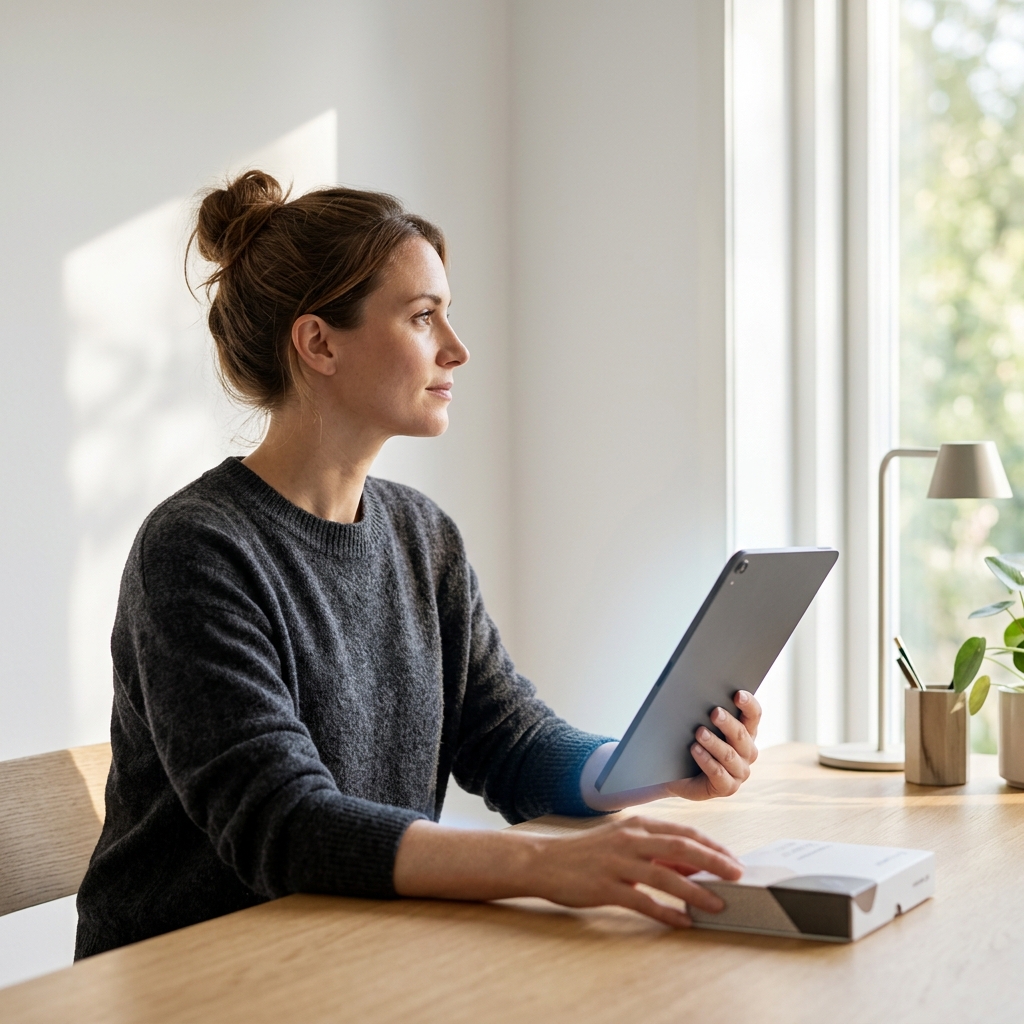 Woman reviewing health biomarker results on tablet in sunlit home office