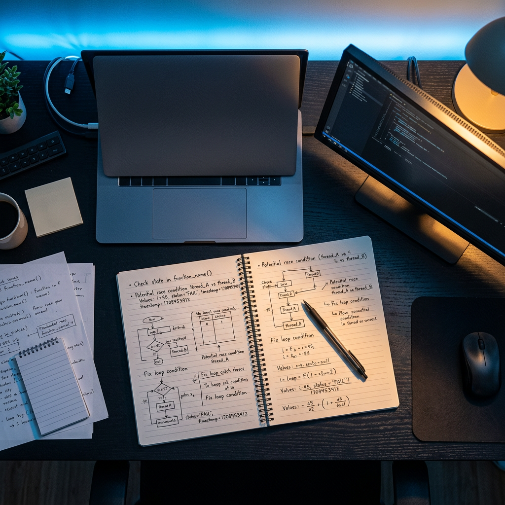 Overhead workspace with code, notes, and debugging tools