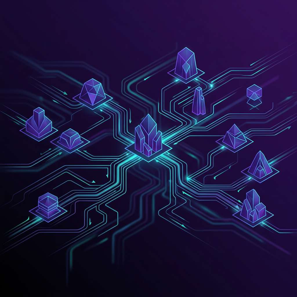 Abstract system architecture with glowing interconnected nodes