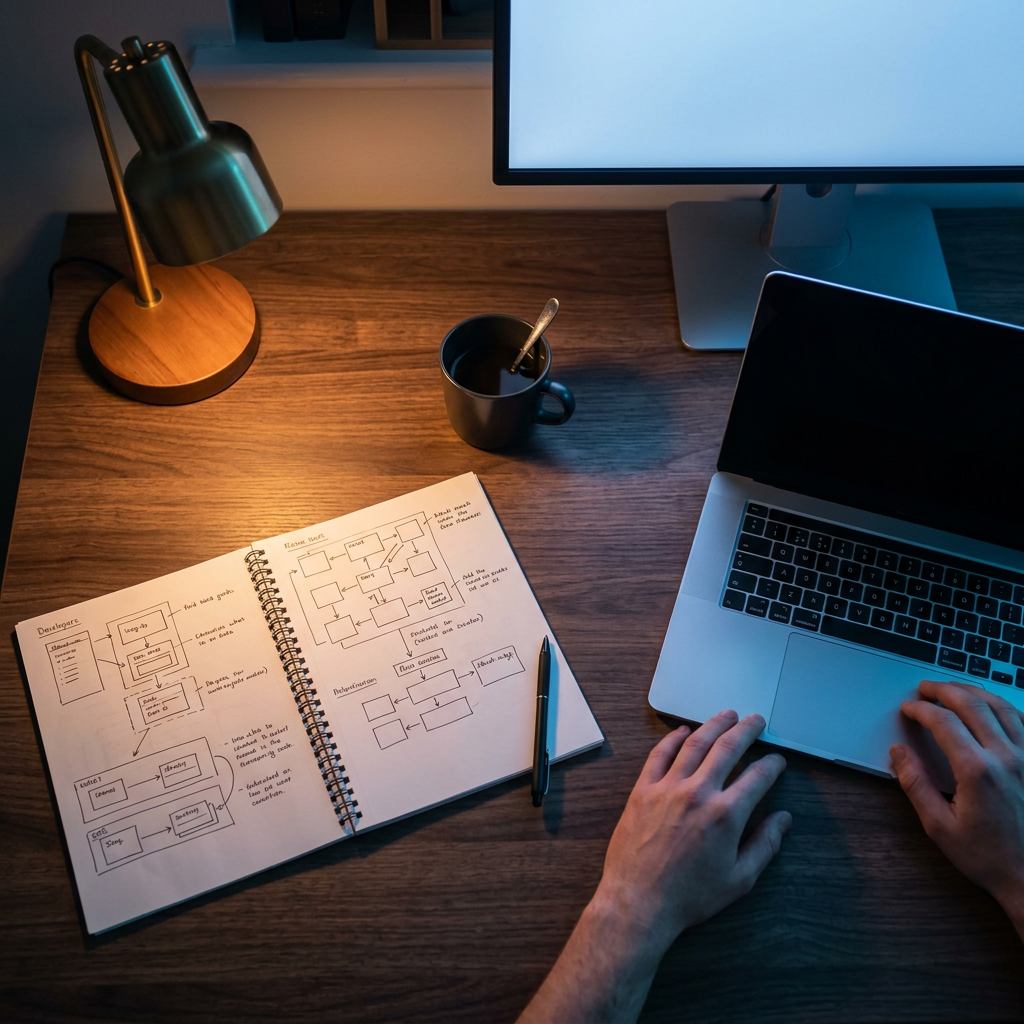 Developer sketching software architecture on notebook at desk
