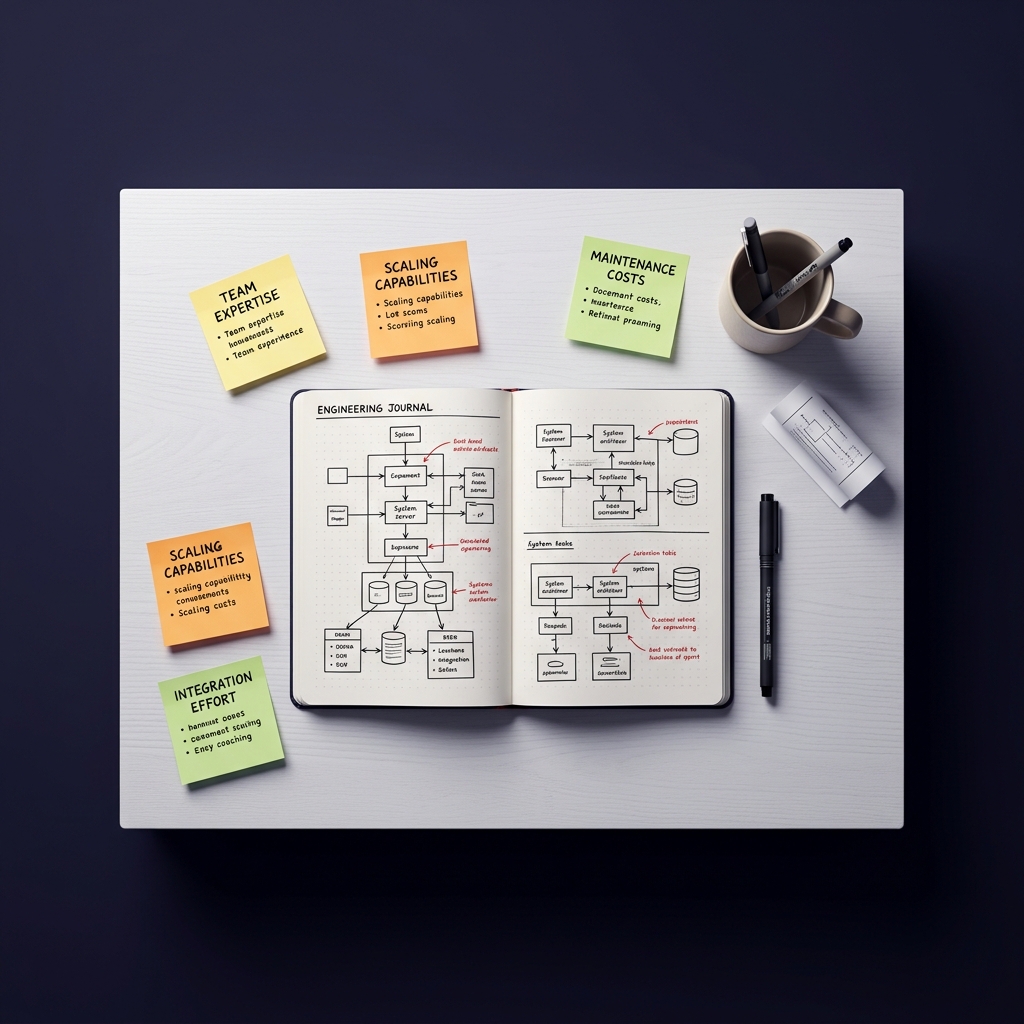 Engineering journal with technology stack evaluation planning notes