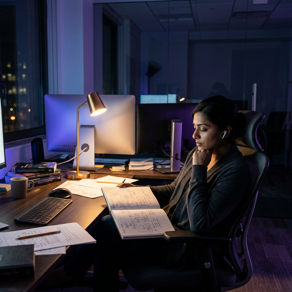 Developer reviewing technology stack trade-offs in notebook