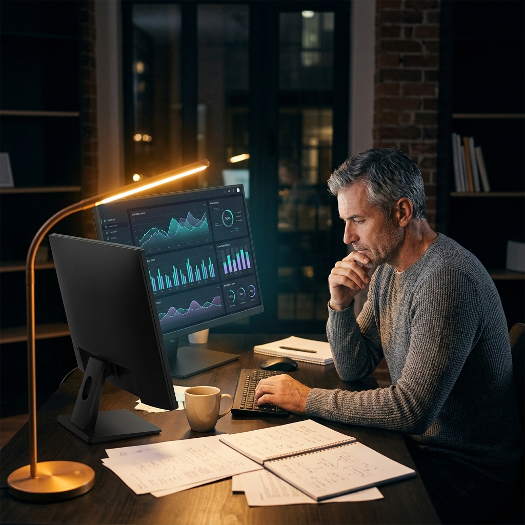 Developer analyzing code quality metrics at desk