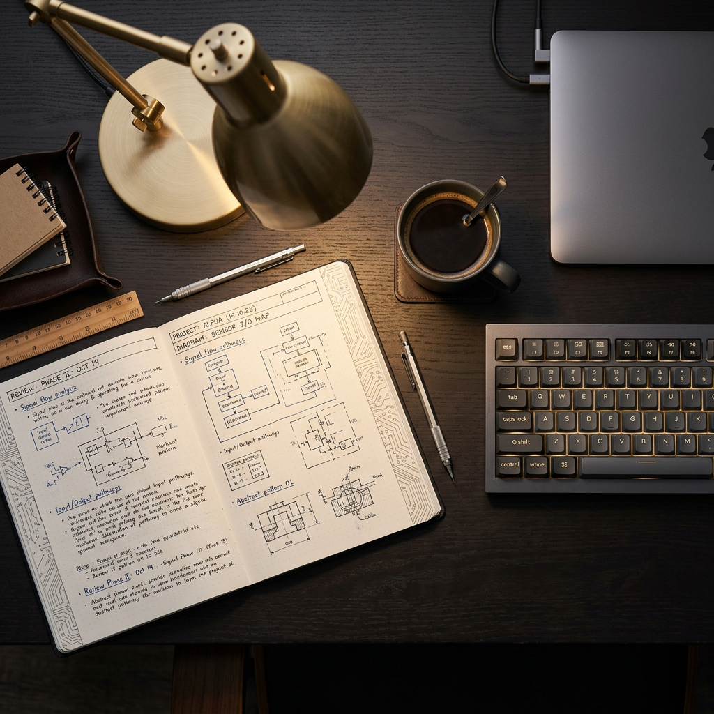 Organized developer workspace with review materials