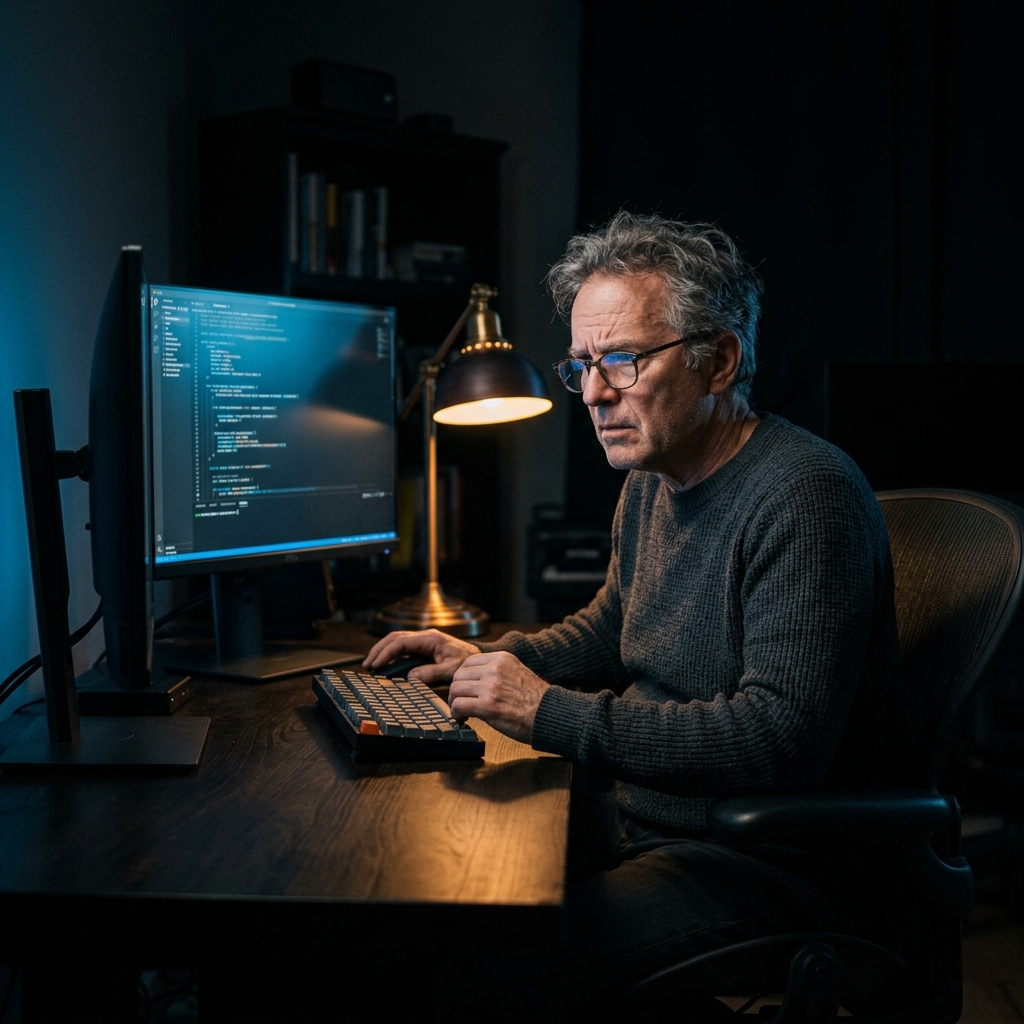 Developer reviewing code at monitor with focused intensity
