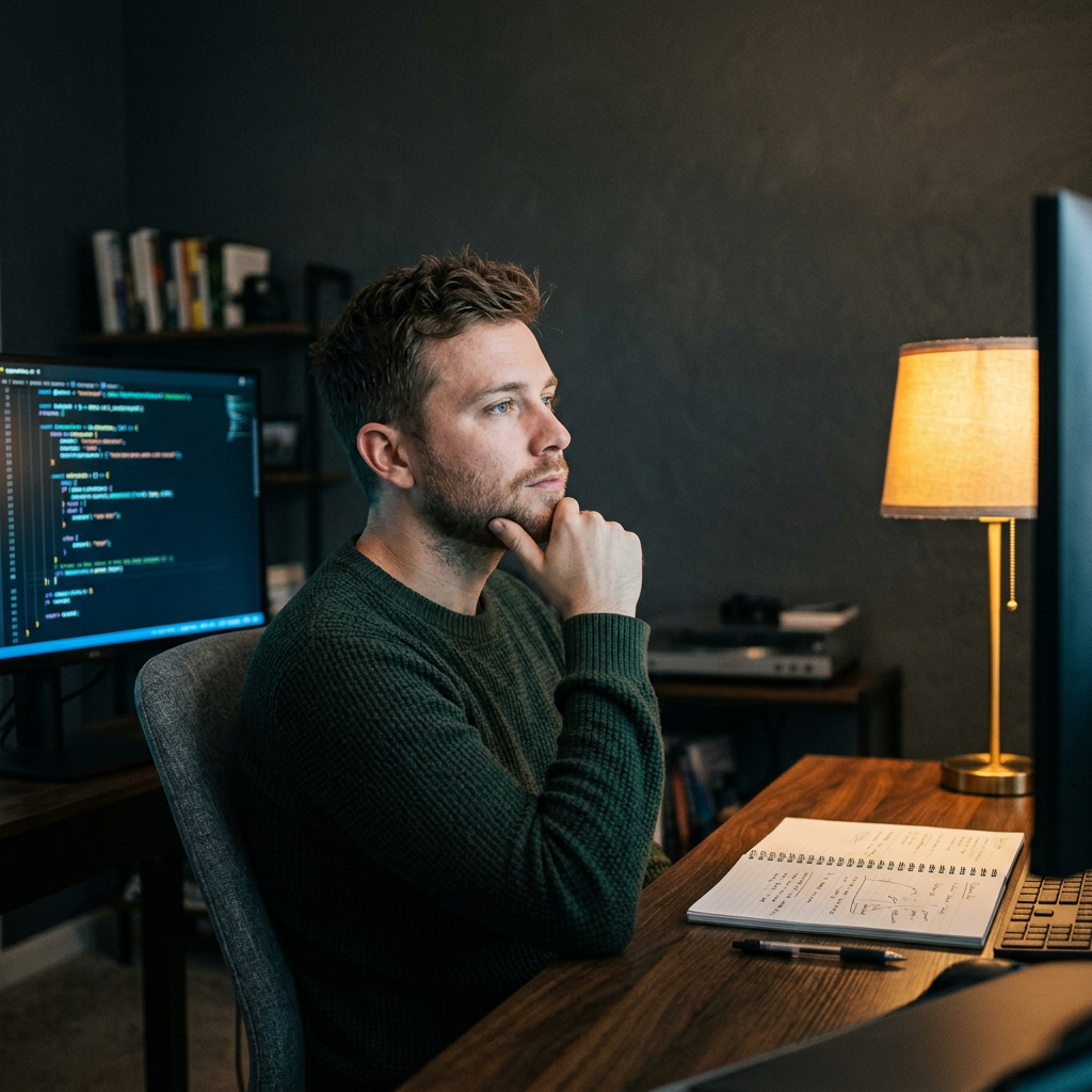 Developer in reflective pause at desk with code monitor