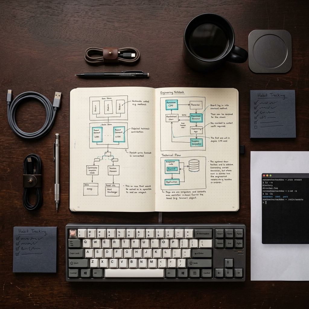 Overhead view of organized developer workspace with notes