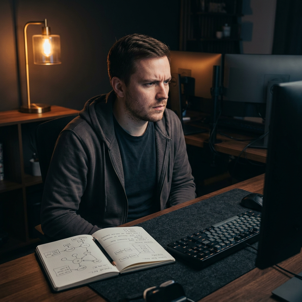 Developer analyzing database sharding architecture at desk