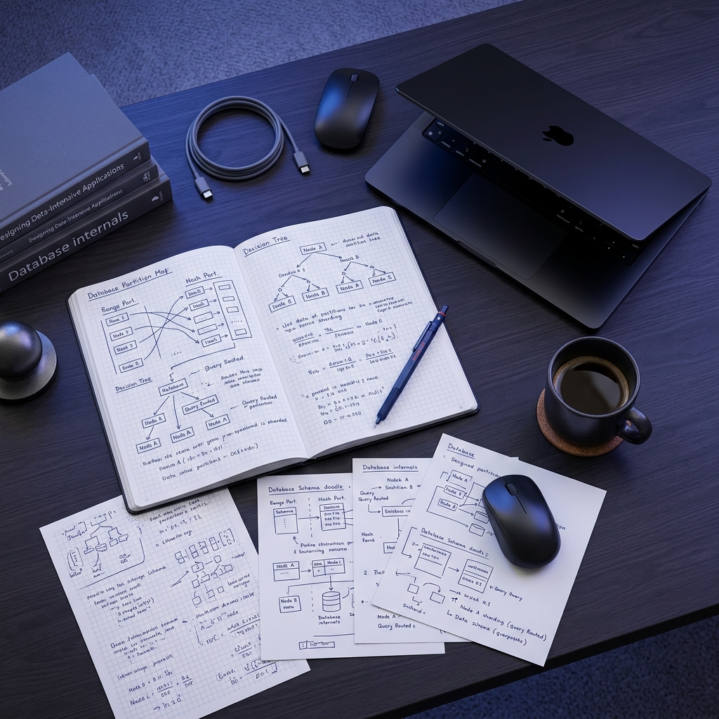 Engineering journal with sharding strategy sketches and notes