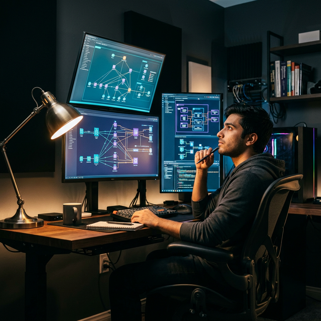 Developer reviewing distributed database architecture on multiple monitors