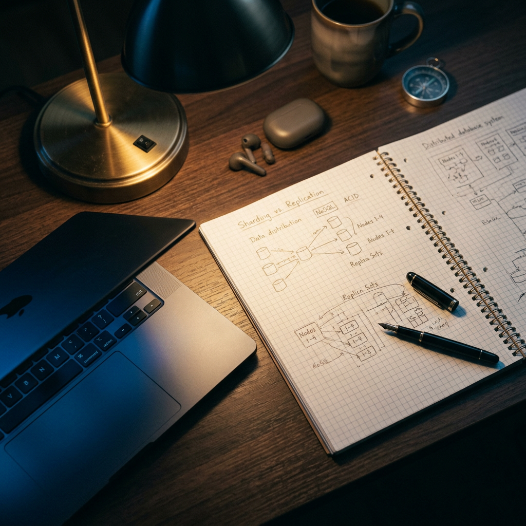 Engineer's notebook with database architecture sketches and terminal
