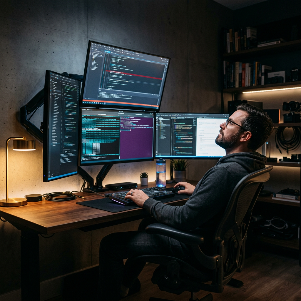 Developer at multi-monitor desk debugging code with breakpoints