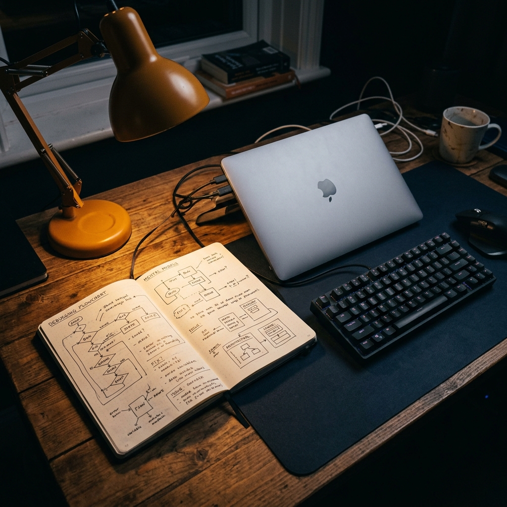 Notebook with debugging diagrams next to laptop terminal