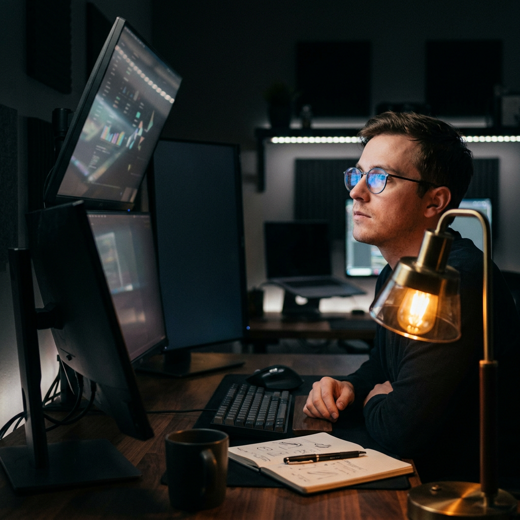 Developer studying metrics dashboard late at night
