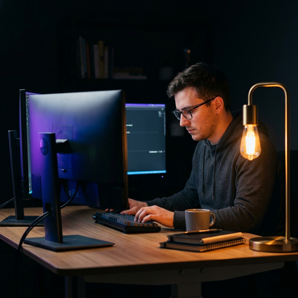 Developer in deep focus at illuminated multi-monitor desk