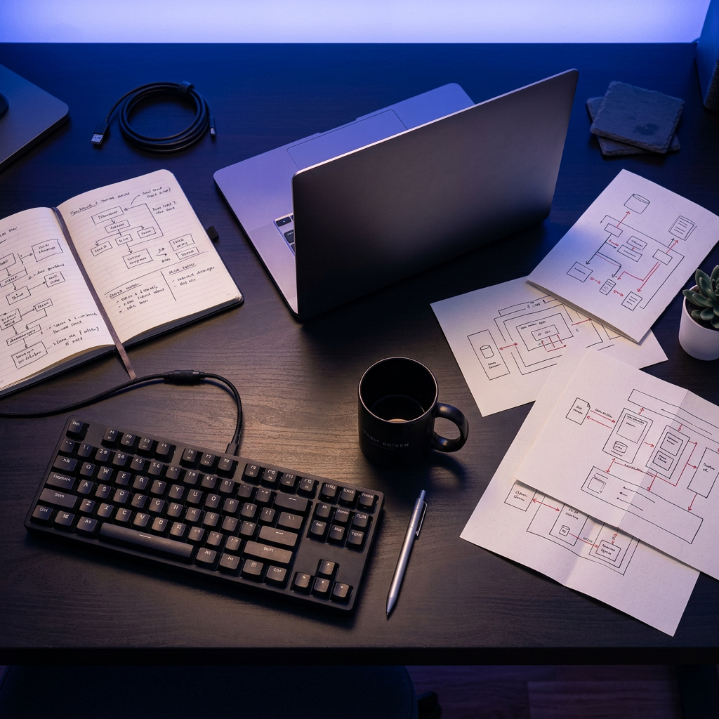 Organized developer desk with notebook and rear-facing laptop