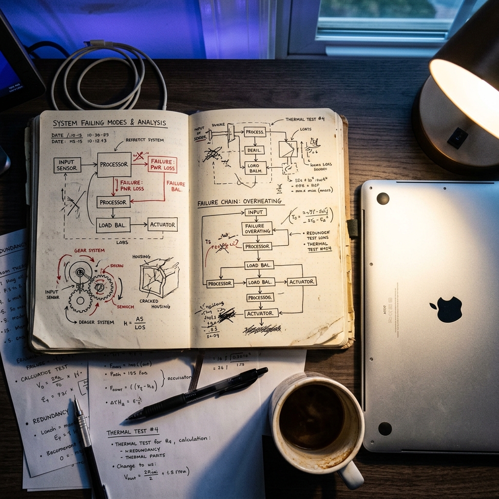 Engineering notebook with system diagrams and design notes on developer workspace
