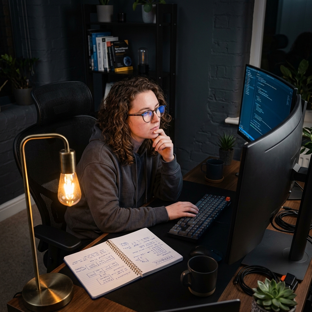 Developer thoughtfully reviewing code at desk