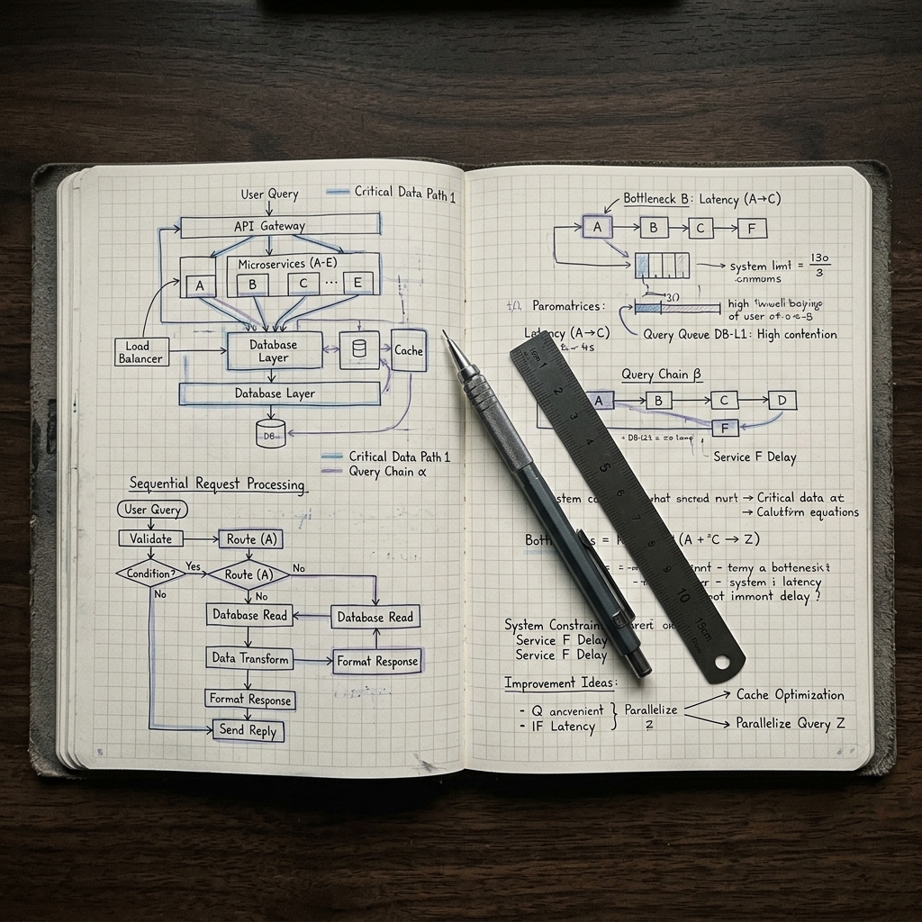 Hand-sketched performance bottleneck analysis diagram and notes