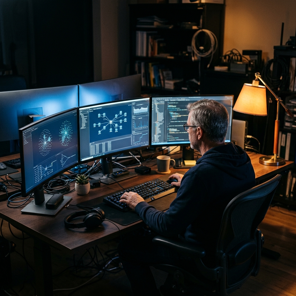 Engineer studying distributed system architecture at multi-monitor desk