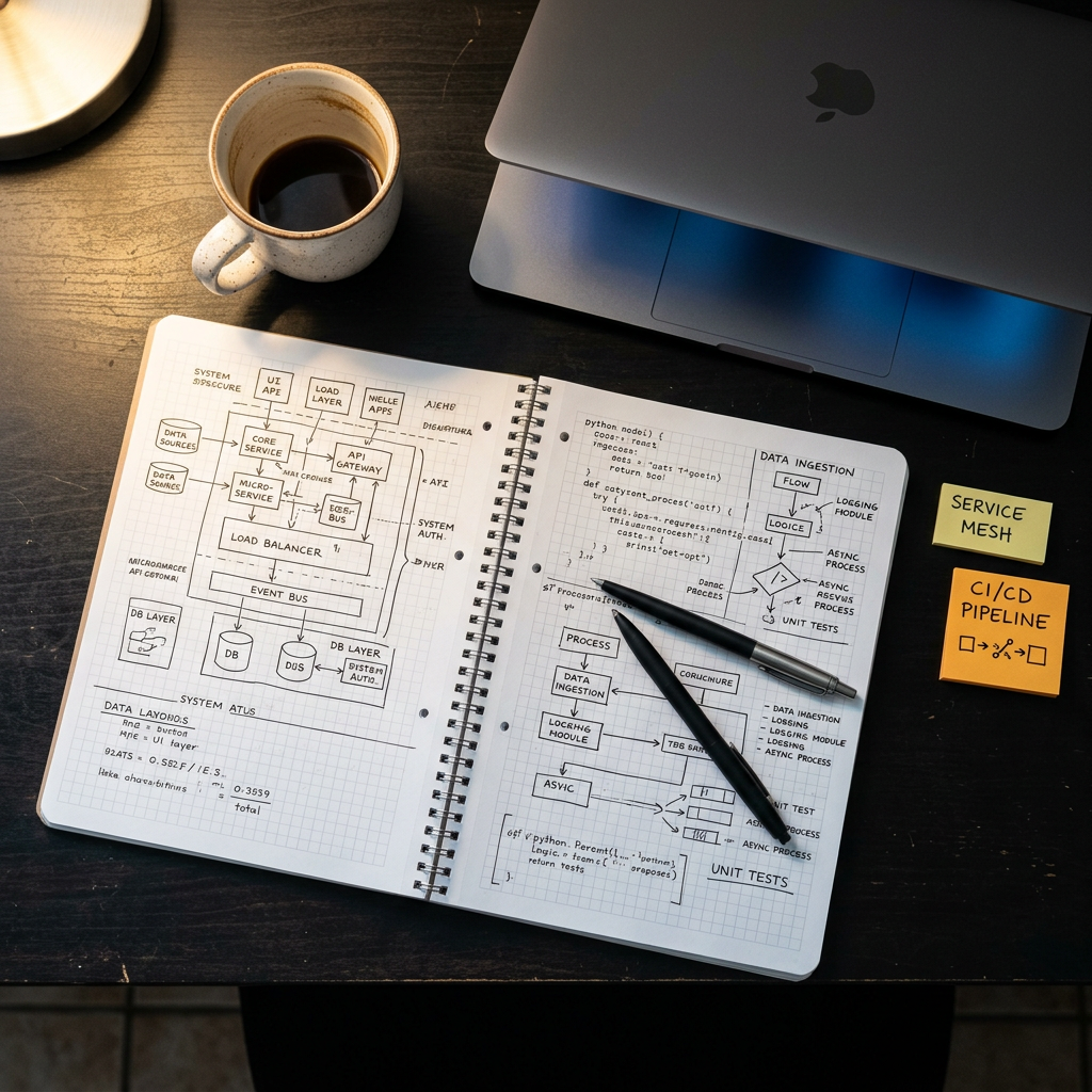 Engineering notebook with system architecture notes
