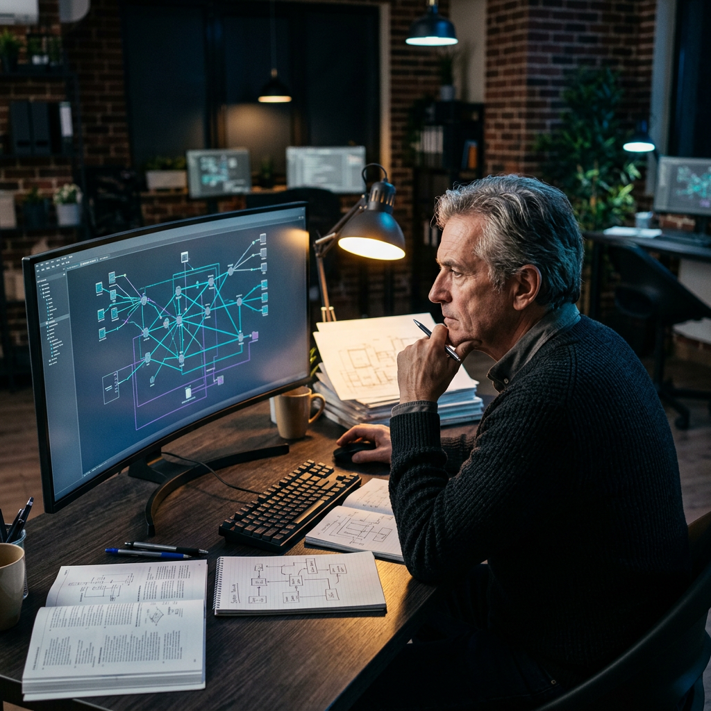 Developer analyzing microservices communication topology