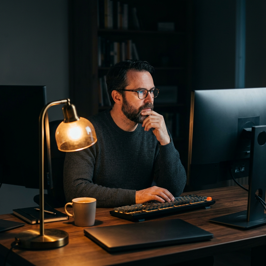 Developer reviewing monolith architecture code at desk