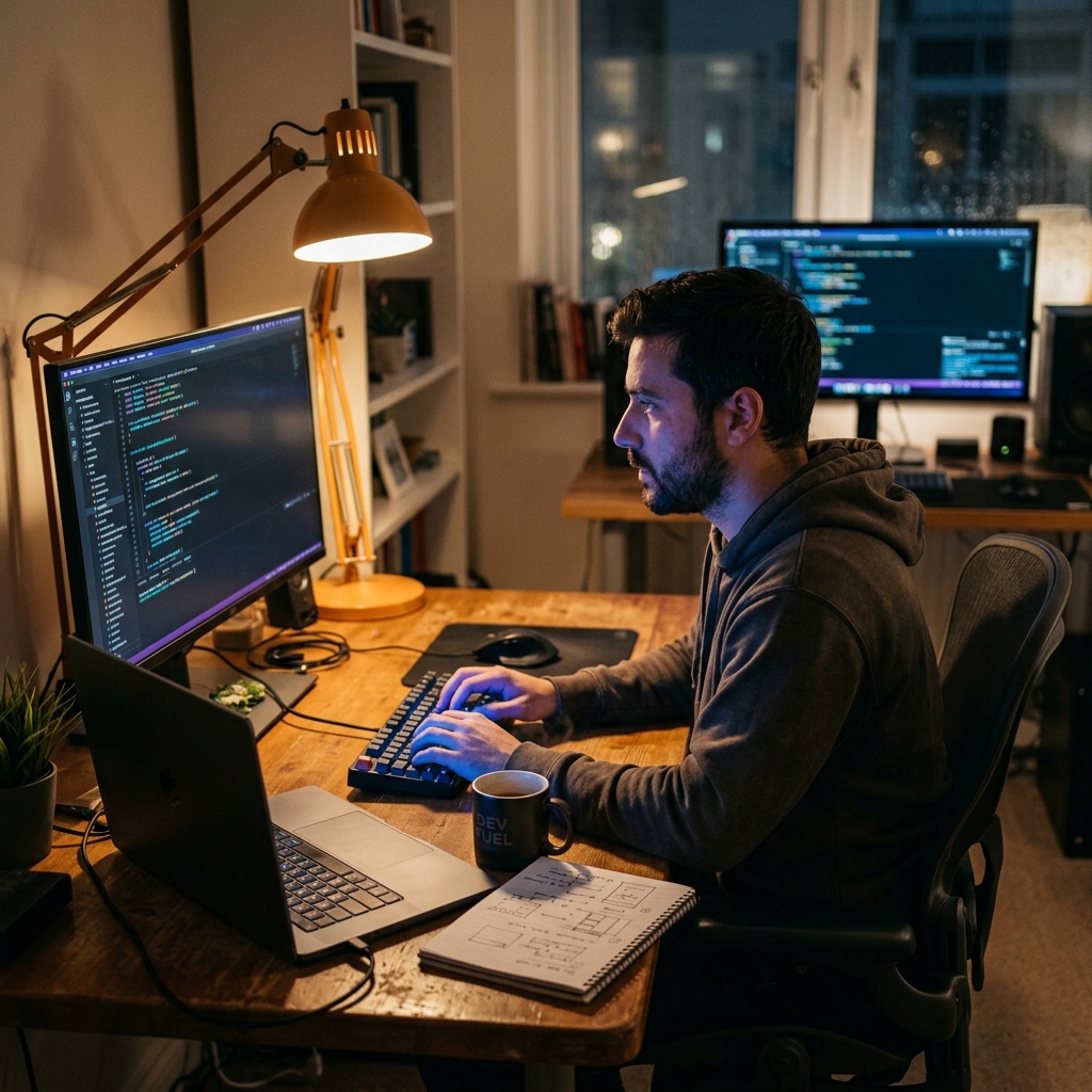 Developer focused on refactoring code at dark desk setup
