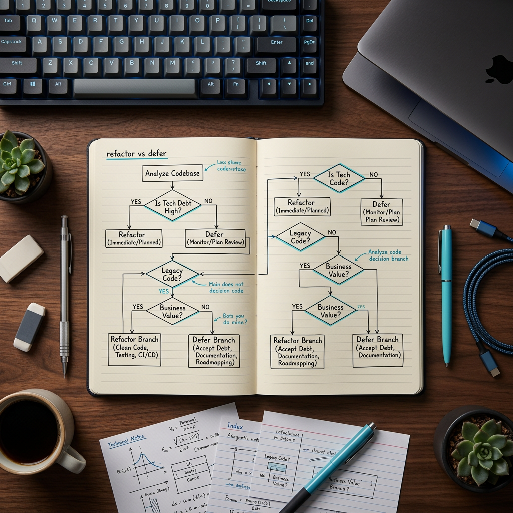 Overhead view of technical debt prioritization notes and workspace