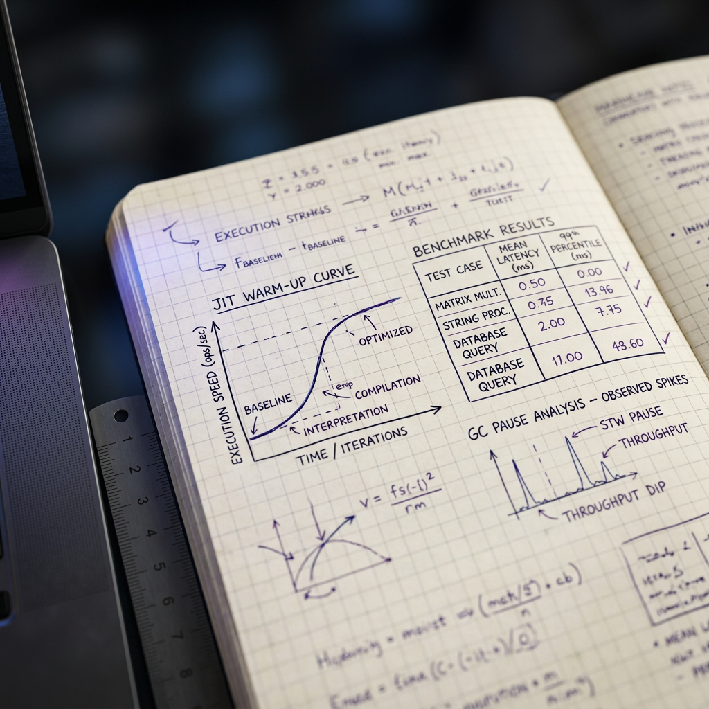 Handwritten benchmark notes and performance diagrams