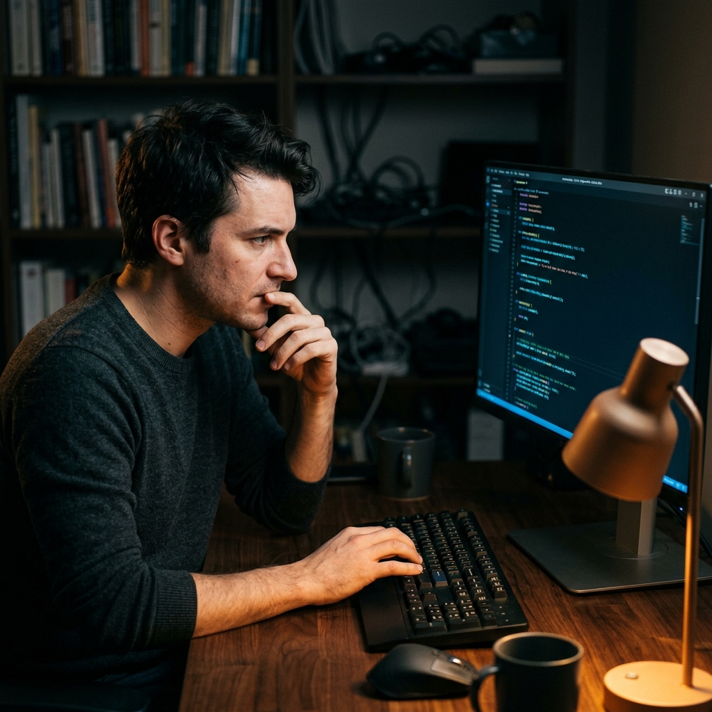 Engineer deep in focused debugging work at desk