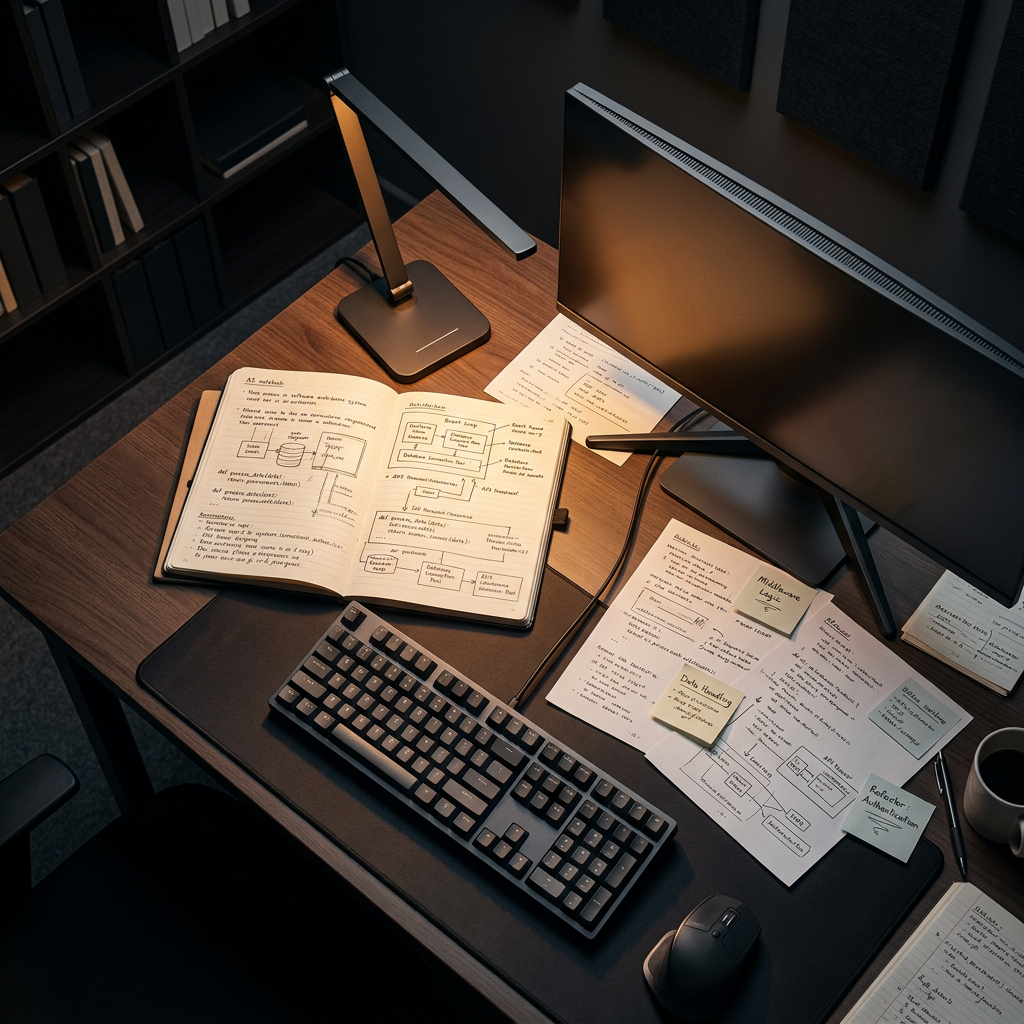Overhead view of developer workspace with multiple cognitive layers